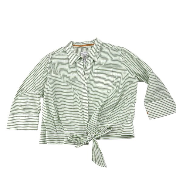 Liz Claiborne Women's Green Striped Tie Front Blouse Size 14 button down - Picture 1 of 7
